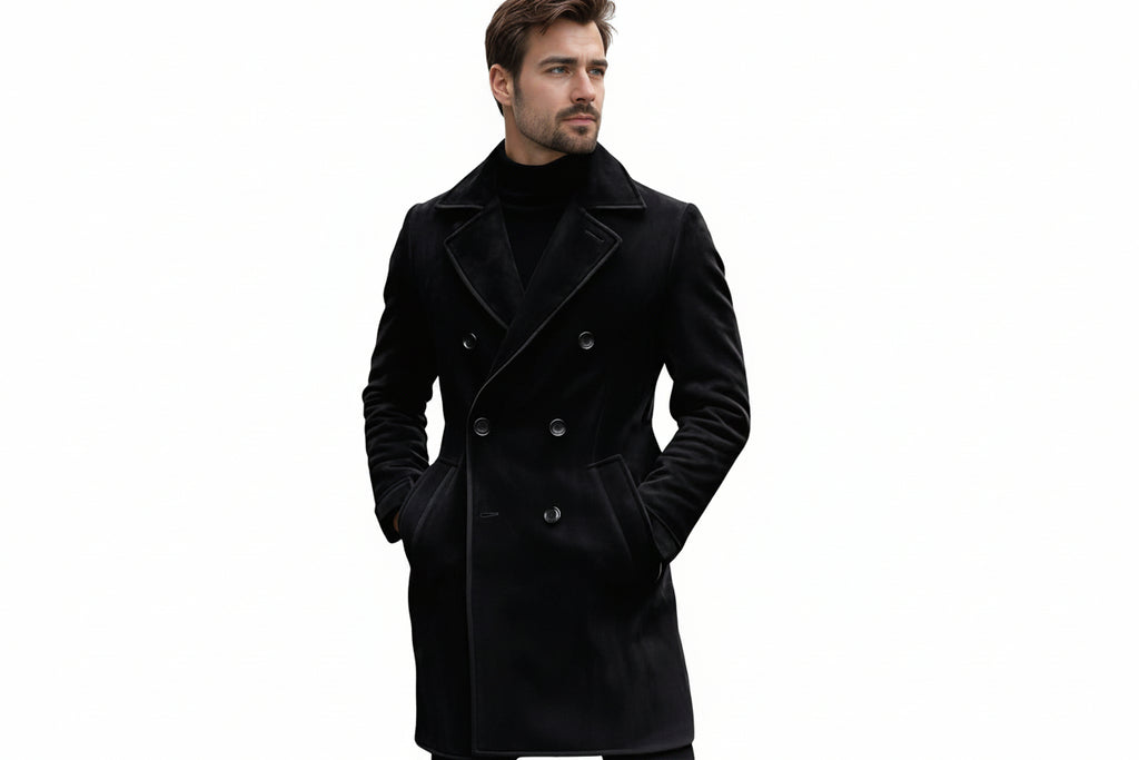 Men's imperial thread stylish tailored fit genuine soft suede real leather long coat in matte jet black featuring broad double-breasted notch lapels, multi-button front closure, vertical waist-contouring seams, slanted side handwarmer welt pockets, long fitted sleeves, knee-length cut, and custom made-to-measure fitting across the UK, USA, and Australia.