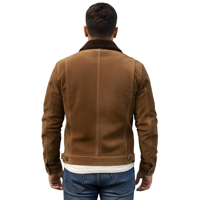 Back view of a man wearing the tan brown Iron Aura Legacy Luxe Suede Moto Jacket featuring a shearling collar, zip front, and chest pockets.
