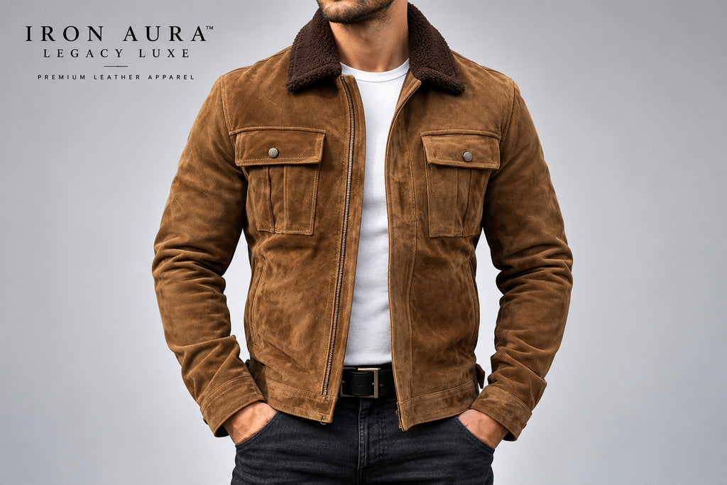 Front view of a man wearing the tan brown Iron Aura Legacy Luxe Suede Moto Jacket featuring a shearling collar, zip front, and chest pockets.