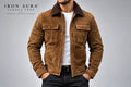 Front view of a man wearing the tan brown Iron Aura Legacy Luxe Suede Moto Jacket featuring a shearling collar, zip front, and chest pockets.