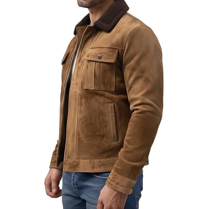 Side view of a man wearing the tan brown Iron Aura Legacy Luxe Suede Moto Jacket featuring a shearling collar, zip front, and chest pockets.