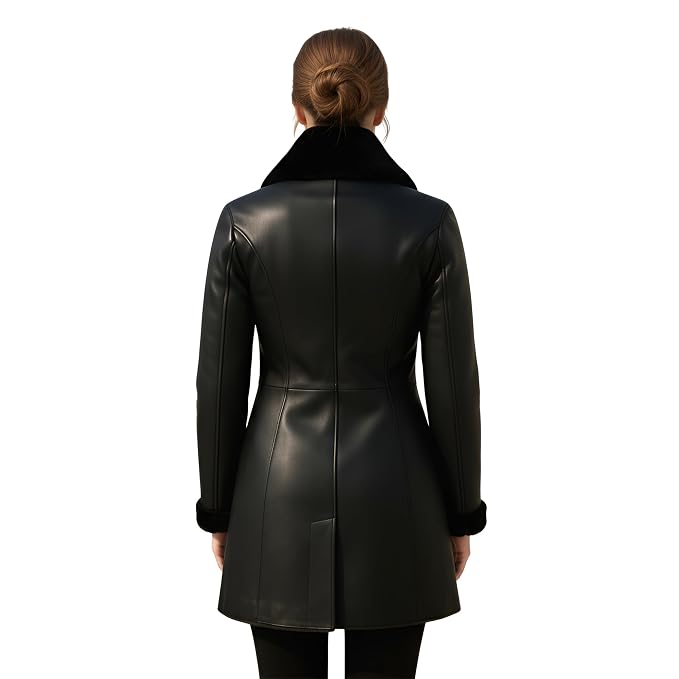 Iron Belle women's jet black genuine lambskin leather luxury long coat featuring a plush black shearling-lined stand collar, shearling turn-up cuffs, double-breasted eight-button closure, and custom made-to-measure fitting across the UK, USA, and Australia.back