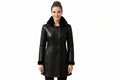 Iron Belle women's jet black genuine lambskin leather luxury long coat featuring a plush black shearling-lined stand collar, shearling turn-up cuffs, double-breasted eight-button closure, and custom made-to-measure fitting across the UK, USA, and Australia.