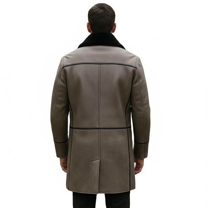 Men's iron blazer longline vintage genuine soft nappa real leather coat in distressed taupe grey featuring a contrasting plush wide black shearling fleece collar, asymmetrical diagonal zip front closure, black leather seam piping trim on shoulders and cuffs, vertical metal zippered side pockets, mid-thigh length cut, and custom made-to-measure fitting across the UK, USA, and Australia.back