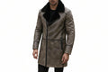 Men's iron blazer longline vintage genuine soft nappa real leather coat in distressed taupe grey featuring a contrasting plush wide black shearling fleece collar, asymmetrical diagonal zip front closure, black leather seam piping trim on shoulders and cuffs, vertical metal zippered side pockets, mid-thigh length cut, and custom made-to-measure fitting across the UK, USA, and Australia.