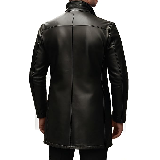 Men's iron crown exclusive tailored genuine soft lambskin real leather 3/4 length coat in polished jet black featuring an upright stand collar, single-breasted button front closure, angled side handwarmer welt pockets, contouring vertical seams, long fitted sleeves, mid-thigh length cut, and custom made-to-measure fitting across the UK, USA, and Australia.back
