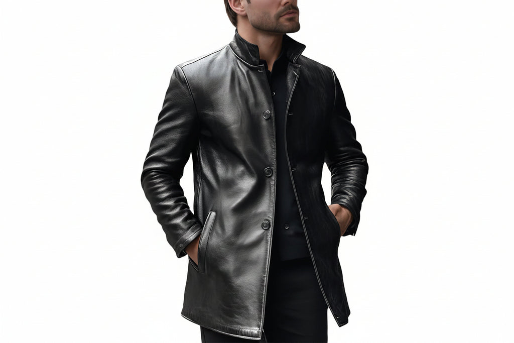 Men's iron crown exclusive tailored genuine soft lambskin real leather 3/4 length coat in polished jet black featuring an upright stand collar, single-breasted button front closure, angled side handwarmer welt pockets, contouring vertical seams, long fitted sleeves, mid-thigh length cut, and custom made-to-measure fitting across the UK, USA, and Australia.