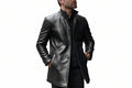 Men's iron crown exclusive tailored genuine soft lambskin real leather 3/4 length coat in polished jet black featuring an upright stand collar, single-breasted button front closure, angled side handwarmer welt pockets, contouring vertical seams, long fitted sleeves, mid-thigh length cut, and custom made-to-measure fitting across the UK, USA, and Australia.