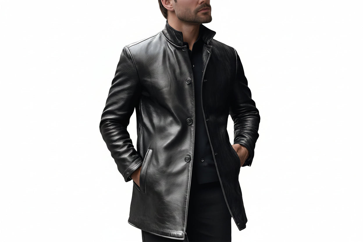 Men's iron crown exclusive tailored genuine soft lambskin real leather 3/4 length coat in polished jet black featuring an upright stand collar, single-breasted button front closure, angled side handwarmer welt pockets, contouring vertical seams, long fitted sleeves, mid-thigh length cut, and custom made-to-measure fitting across the UK, USA, and Australia.
