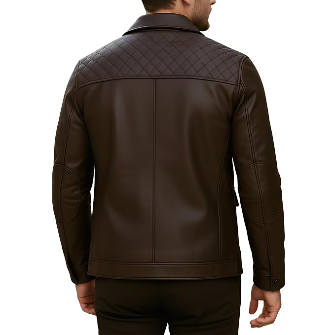 Back view of a man wearing the dark espresso brown Iron Edge Luxe Mode Men's Lambskin Leather Jacket featuring quilted shoulders and utility pockets.
