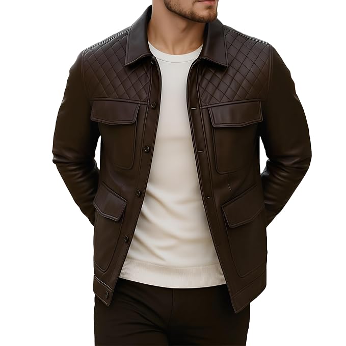 Side view of a man wearing the dark espresso brown Iron Edge Luxe Mode Men's Lambskin Leather Jacket featuring quilted shoulders and utility pockets.