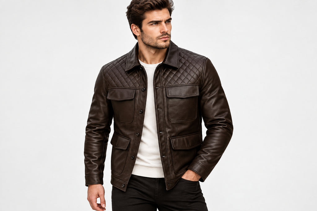 Front view of a man wearing the dark espresso brown Iron Edge Luxe Mode Men's Lambskin Leather Jacket featuring quilted shoulders and utility pockets.