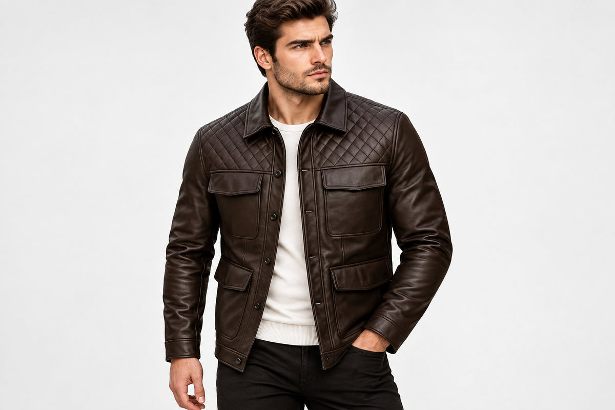 Front view of a man wearing the dark espresso brown Iron Edge Luxe Mode Men's Lambskin Leather Jacket featuring quilted shoulders and utility pockets.