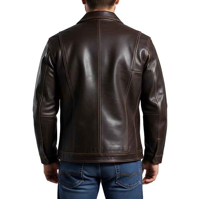 Back view of a man wearing the dark brown Iron Forge Supreme Urban Real Leather Jacket featuring a shirt collar and four utility flap pockets.   
