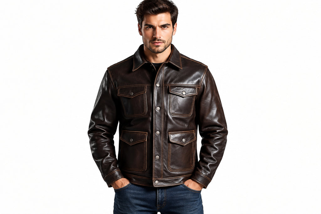 Front view of a man wearing the dark brown Iron Forge Supreme Urban Real Leather Jacket featuring a shirt collar and four utility flap pockets.
