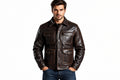Front view of a man wearing the dark brown Iron Forge Supreme Urban Real Leather Jacket featuring a shirt collar and four utility flap pockets.