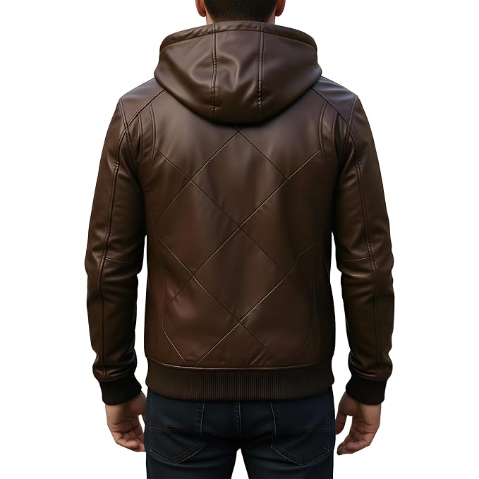 Back view of a man wearing the vintage brown Iron Grain Nappa Lambskin Leather Roadster Jacket featuring an attached hood and full-zip closure.