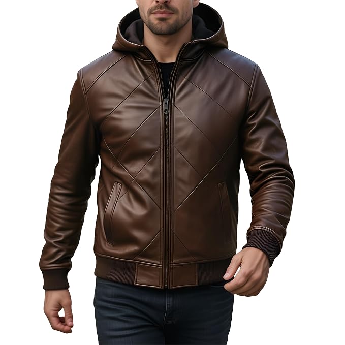 Side view of a man wearing the vintage brown Iron Grain Nappa Lambskin Leather Roadster Jacket featuring an attached hood and full-zip closure.