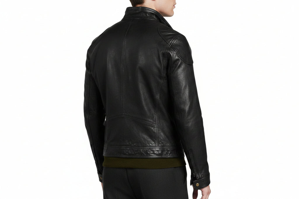 Men's Iron & Hide genuine real soft lambskin leather jacket in washed dark black featuring a high stand collar with metallic snap fasteners, offset asymmetrical front zipper closure, structured shoulder overlay caps, dual chest flap pockets, dual side hand pockets, tailored slim fit, and custom made-to-measure tailoring available worldwide.back