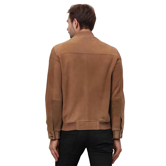 Back view of the faded tan Iron Howl Suede Leather Jacket featuring a stand collar, button closure, and ribbed knit trim.