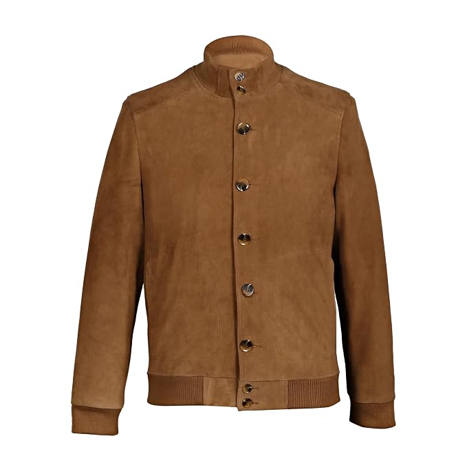 Front view of the faded tan Iron Howl Suede Leather Jacket featuring a stand collar, button closure, and ribbed knit trim.