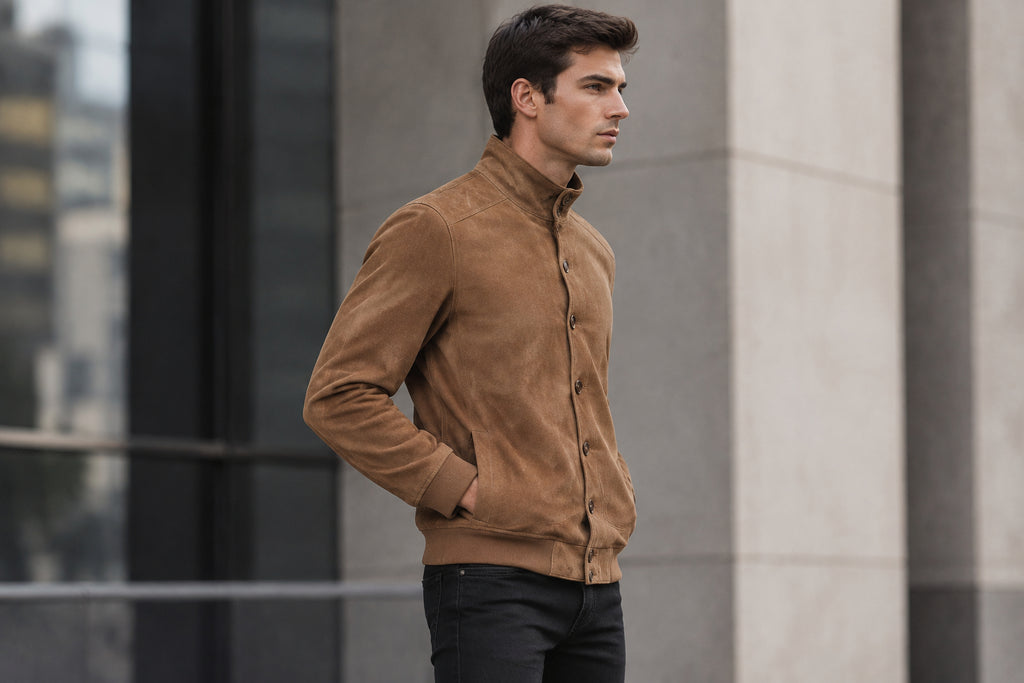 Side view of the faded tan Iron Howl Suede Leather Jacket featuring a stand collar, button closure, and ribbed knit trim.