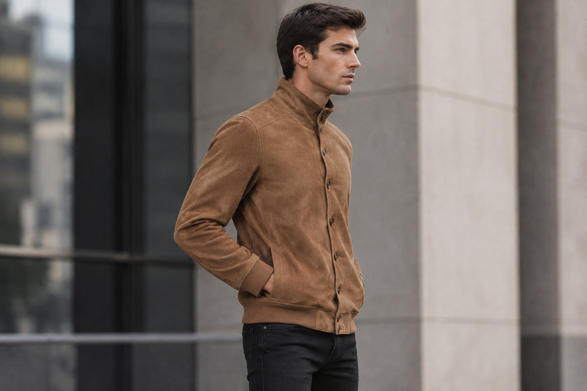 Side view of the faded tan Iron Howl Suede Leather Jacket featuring a stand collar, button closure, and ribbed knit trim.