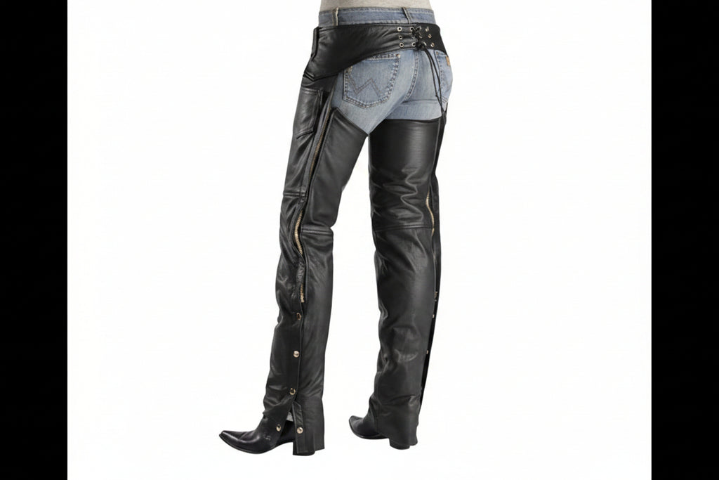 Black leather chaps with side zippers and snap closures, styled over blue denim jeans on a white background.