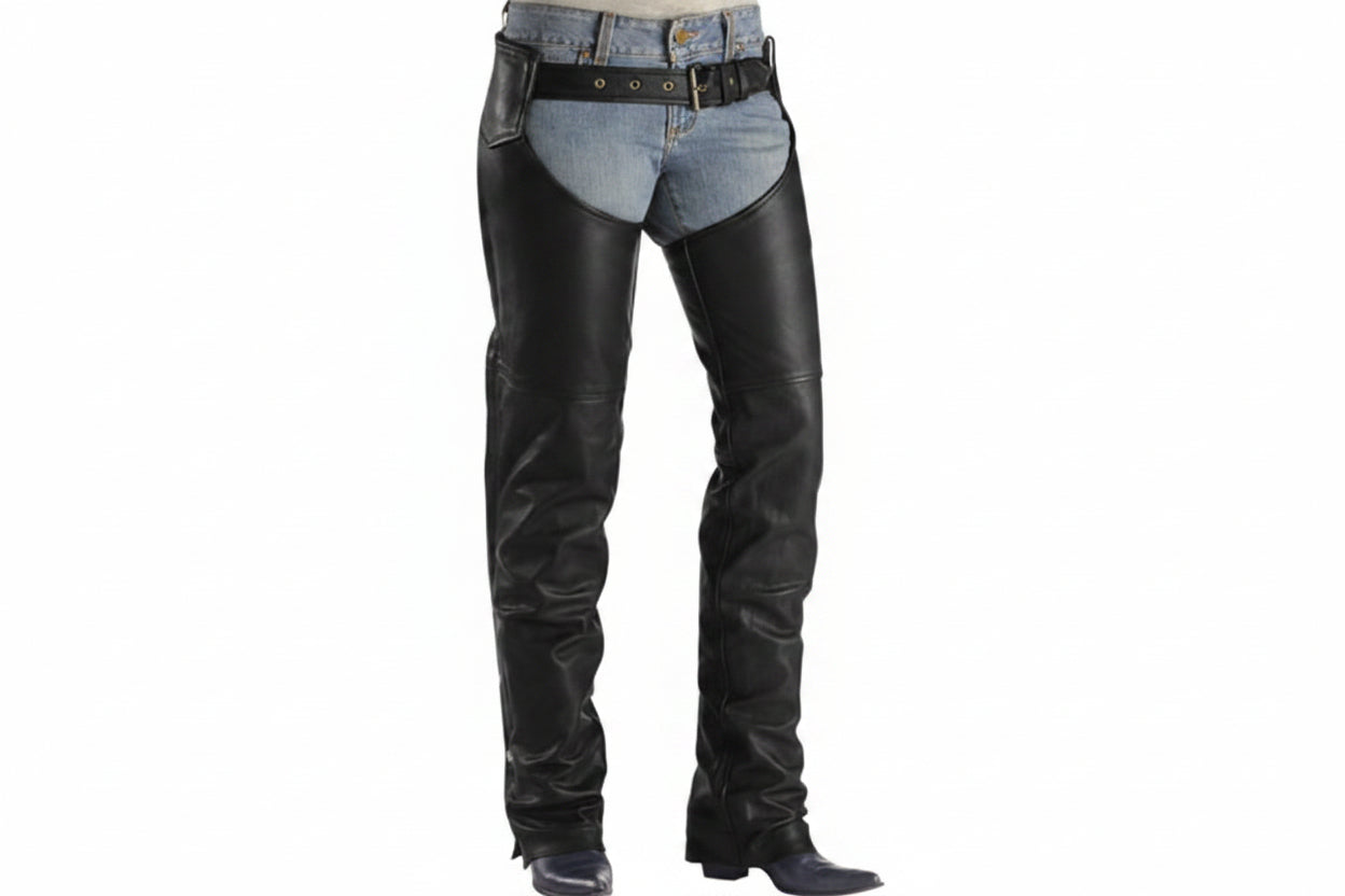 Black leather chaps worn over blue jeans with a black leather belt, shown on a model from the waist down against a white background.