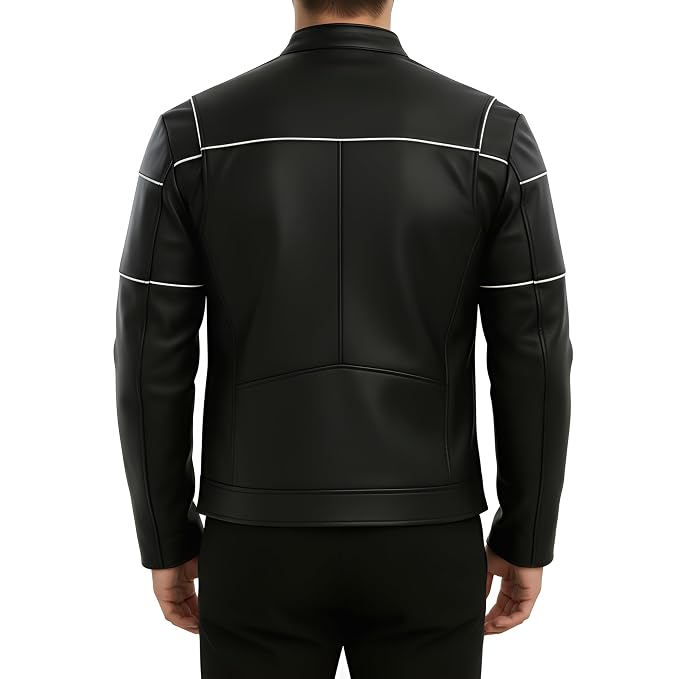 Back view of a man wearing the black Iron Rogue Lambskin Classic Rider Leather Jacket featuring white racing stripes and a band collar.