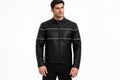 Front view of a man wearing the black Iron Rogue Lambskin Classic Rider Leather Jacket featuring white racing stripes and a band collar.