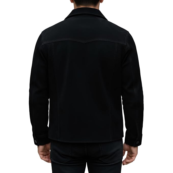 Back view of a man wearing the black Iron Stitch Suede Leather Jacket featuring a shirt collar, button closure, and chest flap pockets.