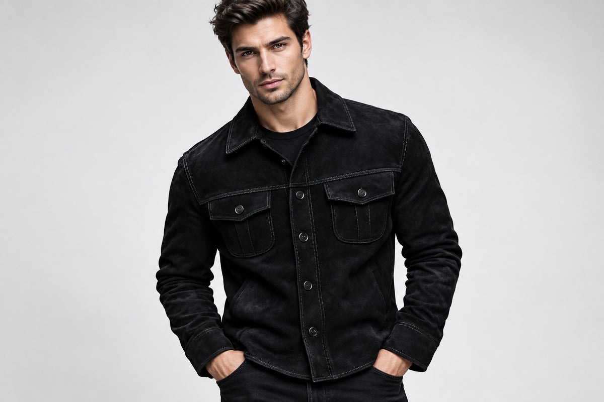 Front view of a man wearing the black Iron Stitch Suede Leather Jacket featuring a shirt collar, button closure, and chest flap pockets.