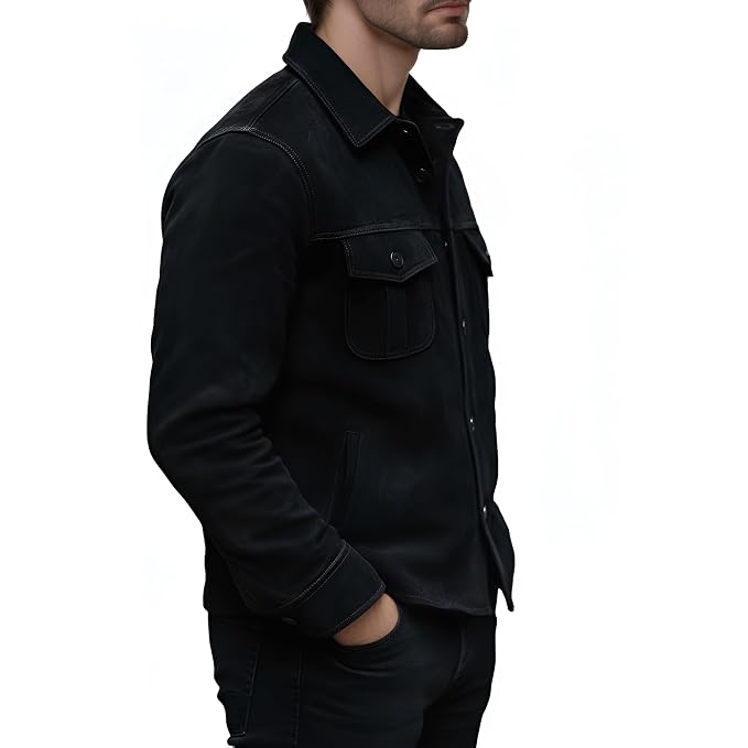 Side view of a man wearing the black Iron Stitch Suede Leather Jacket featuring a shirt collar, button closure, and chest flap pockets.