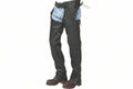 Men's iron trail western genuine soft lambskin real leather motorcycle riding chaps in black featuring an adjustable front belt buckle waistband, rear lace ties, diagonal upper thigh zipper pocket, full-length side leg zippers, lower ankle snap-button closures, open crotch over-jeans design, and custom made-to-measure fitting across the UK, USA, and Australia.