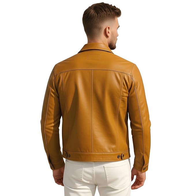 Back view of a man wearing the tan brown Iron Vane Minimalist Lambskin Leather Jacket featuring a shirt collar, button closure, and chest pockets.