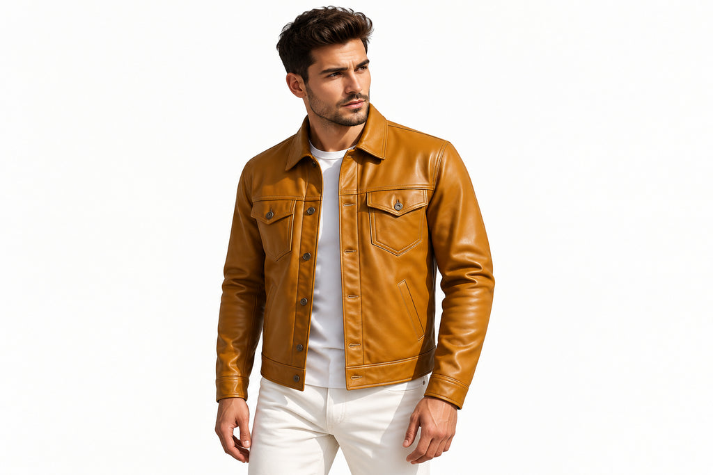Front view of a man wearing the tan brown Iron Vane Minimalist Lambskin Leather Jacket featuring a shirt collar, button closure, and chest pockets.