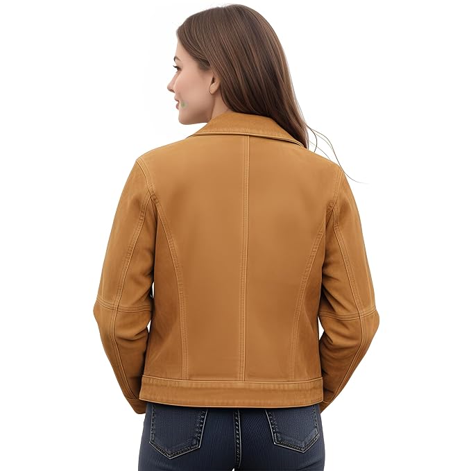 Ironstitch women's rich camel brown genuine suede leather designer trucker jacket featuring a point collar, metallic front zip closure, dual snap-flap chest pockets, horizontal seam paneling, structured cuffs, and custom made-to-measure fitting across the UK, USA, and Australia.back