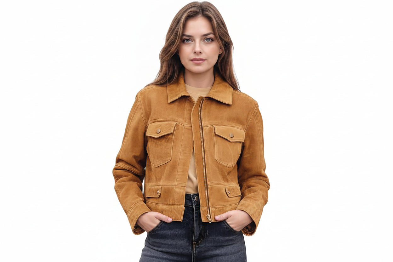 Ironstitch women's rich camel brown genuine suede leather designer trucker jacket featuring a point collar, metallic front zip closure, dual snap-flap chest pockets, horizontal seam paneling, structured cuffs, and custom made-to-measure fitting across the UK, USA, and Australia.