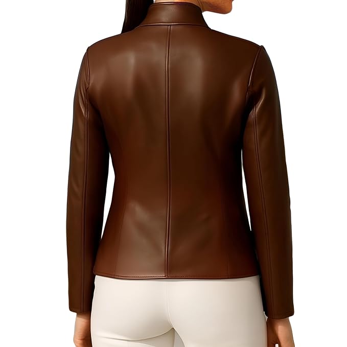 Ironveil women's dark chocolate brown genuine lambskin leather biker jacket featuring a mandarin stand collar, button-down front closure, four buttoned flap pockets, vertical waist seam paneling, and custom made-to-measure fitting across the UK, USA, and Australia.back