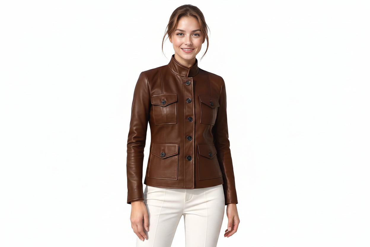 Ironveil women's dark chocolate brown genuine lambskin leather biker jacket featuring a mandarin stand collar, button-down front closure, four buttoned flap pockets, vertical waist seam paneling, and custom made-to-measure fitting across the UK, USA, and Australia.