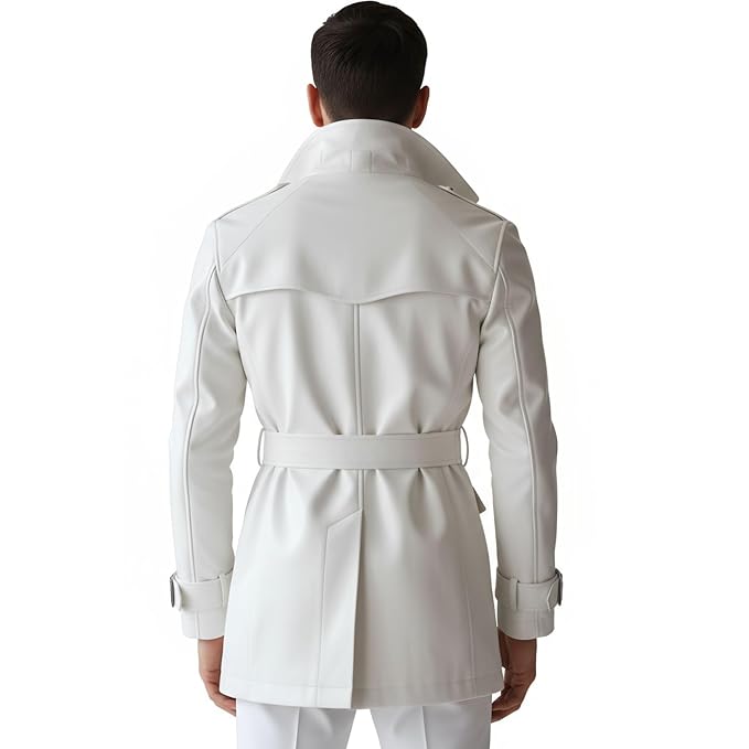 Men's knight mantle modern slim fit genuine soft lambskin real leather 3/4 length trench coat in pristine white featuring a high convertible standing collar, broad double-breasted lapels with contrast black buttons, matching buckled leather waist belt, angled flap pockets, adjustable buckled sleeve wrist straps, long fitted sleeves, mid-thigh length cut, and custom made-to-measure fitting across the UK, USA, and Australia.back