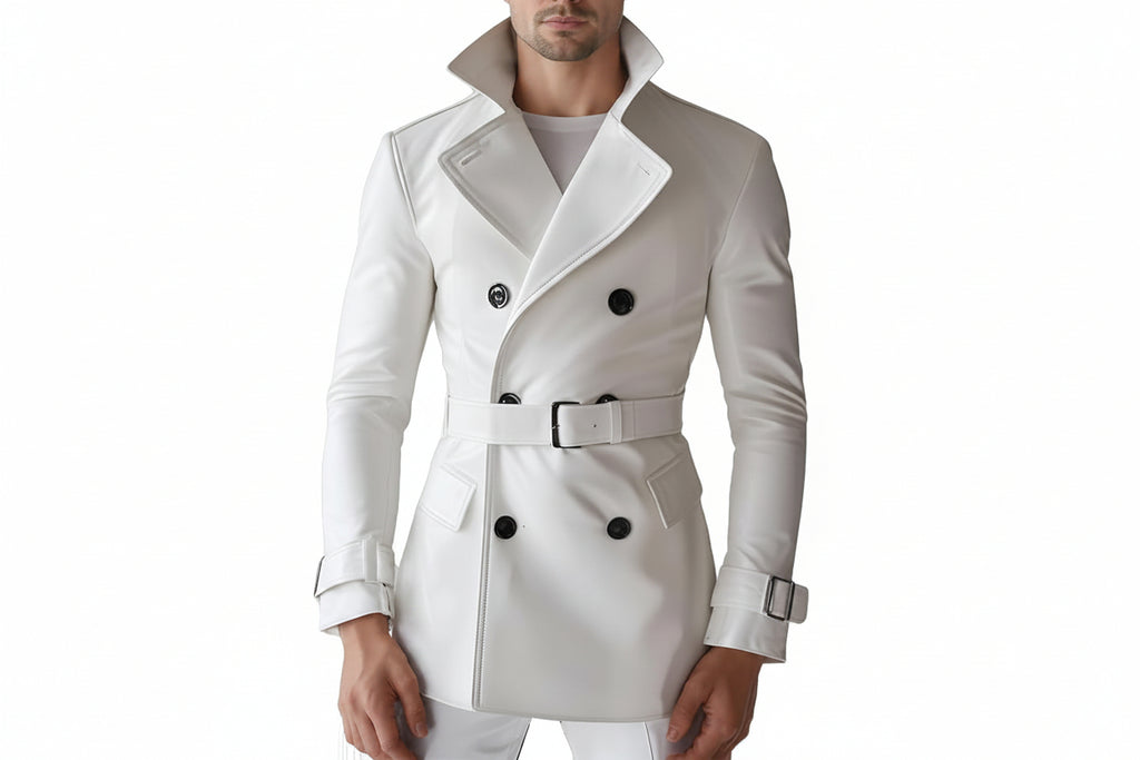 Men's knight mantle modern slim fit genuine soft lambskin real leather 3/4 length trench coat in pristine white featuring a high convertible standing collar, broad double-breasted lapels with contrast black buttons, matching buckled leather waist belt, angled flap pockets, adjustable buckled sleeve wrist straps, long fitted sleeves, mid-thigh length cut, and custom made-to-measure fitting across the UK, USA, and Australia.