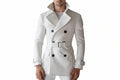 Men's knight mantle modern slim fit genuine soft lambskin real leather 3/4 length trench coat in pristine white featuring a high convertible standing collar, broad double-breasted lapels with contrast black buttons, matching buckled leather waist belt, angled flap pockets, adjustable buckled sleeve wrist straps, long fitted sleeves, mid-thigh length cut, and custom made-to-measure fitting across the UK, USA, and Australia.