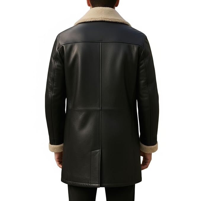 Men's leather court elegant formal wear genuine soft lambskin real leather 3/4 length coat in polished jet black featuring a plush wide cream shearling fleece collar and notch lapels, matching shearling-trimmed turn-back cuffs, single-breasted button front closure, rounded front patch handwarmer pockets, long fitted sleeves, mid-thigh length cut, and custom made-to-measure fitting across the UK, USA, and Australia.back