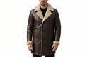 Men's leather court elegant formal wear genuine soft lambskin real leather 3/4 length coat in polished jet black featuring a plush wide cream shearling fleece collar and notch lapels, matching shearling-trimmed turn-back cuffs, single-breasted button front closure, rounded front patch handwarmer pockets, long fitted sleeves, mid-thigh length cut, and custom made-to-measure fitting across the UK, USA, and Australia.