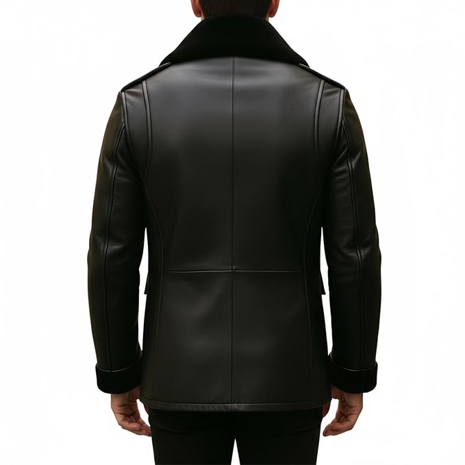 Men's legacy grain modern trench genuine soft lambskin real leather 3/4 length coat in matte jet black featuring a plush wide black shearling fleece collar and notch lapels, matching shearling-trimmed turn-back cuffs, double-breasted front button closure, structured front flap waist pockets, long fitted sleeves, mid-thigh length cut, and custom made-to-measure fitting across the UK, USA, and Australia.back