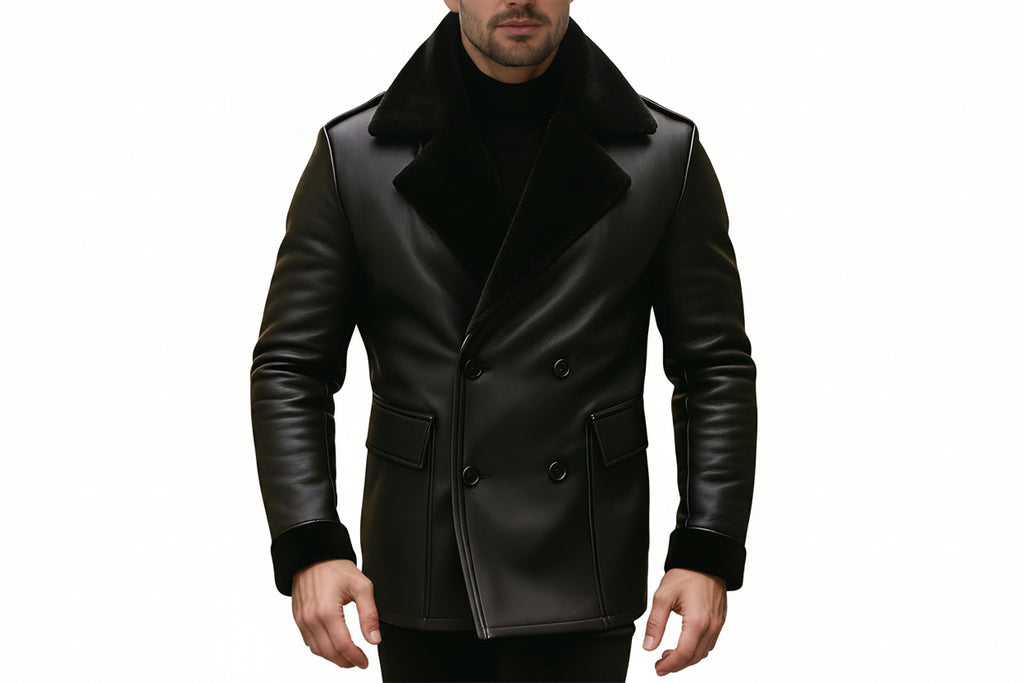Men's legacy grain modern trench genuine soft lambskin real leather 3/4 length coat in matte jet black featuring a plush wide black shearling fleece collar and notch lapels, matching shearling-trimmed turn-back cuffs, double-breasted front button closure, structured front flap waist pockets, long fitted sleeves, mid-thigh length cut, and custom made-to-measure fitting across the UK, USA, and Australia.