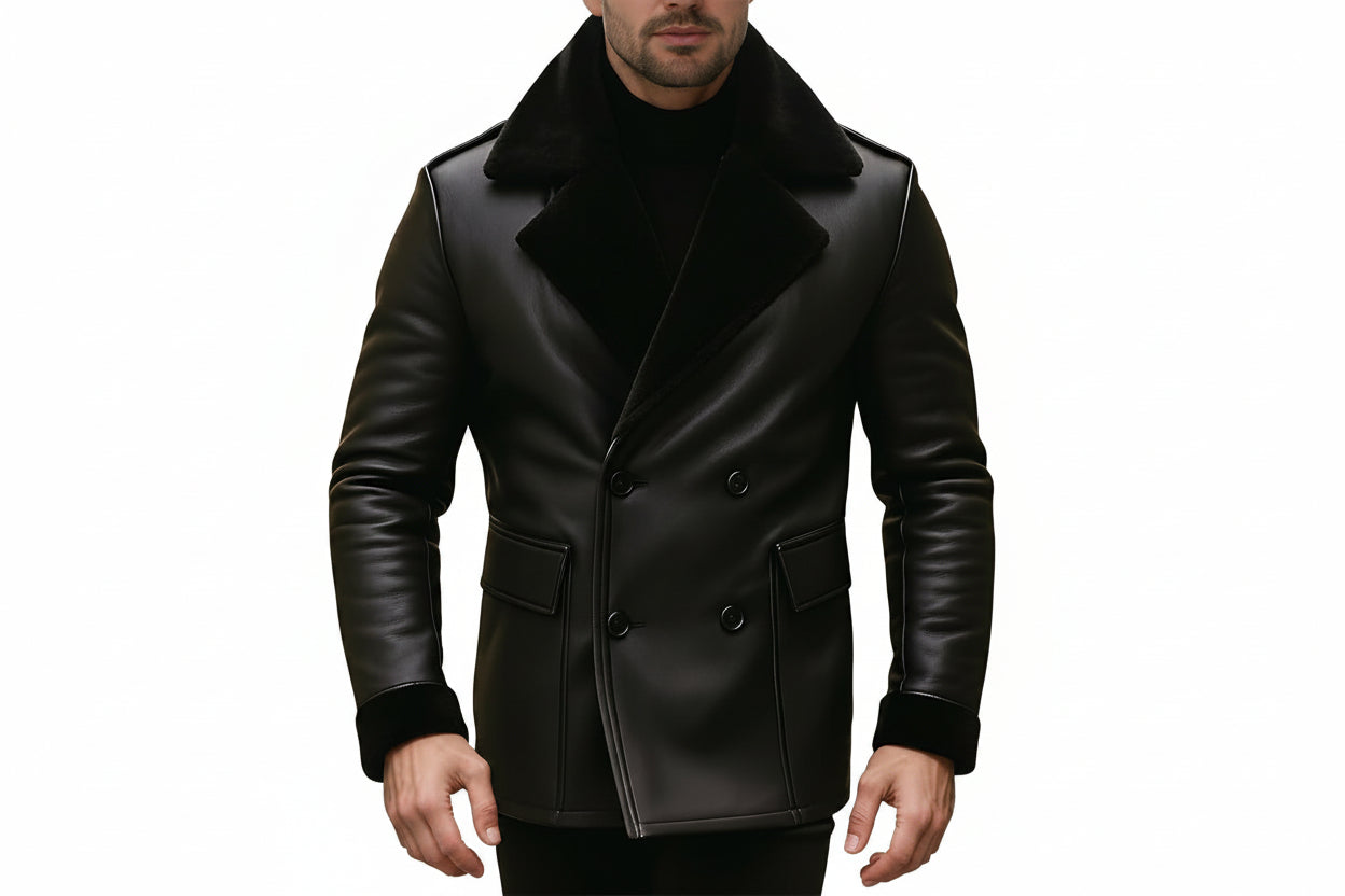 Men's legacy grain modern trench genuine soft lambskin real leather 3/4 length coat in matte jet black featuring a plush wide black shearling fleece collar and notch lapels, matching shearling-trimmed turn-back cuffs, double-breasted front button closure, structured front flap waist pockets, long fitted sleeves, mid-thigh length cut, and custom made-to-measure fitting across the UK, USA, and Australia.