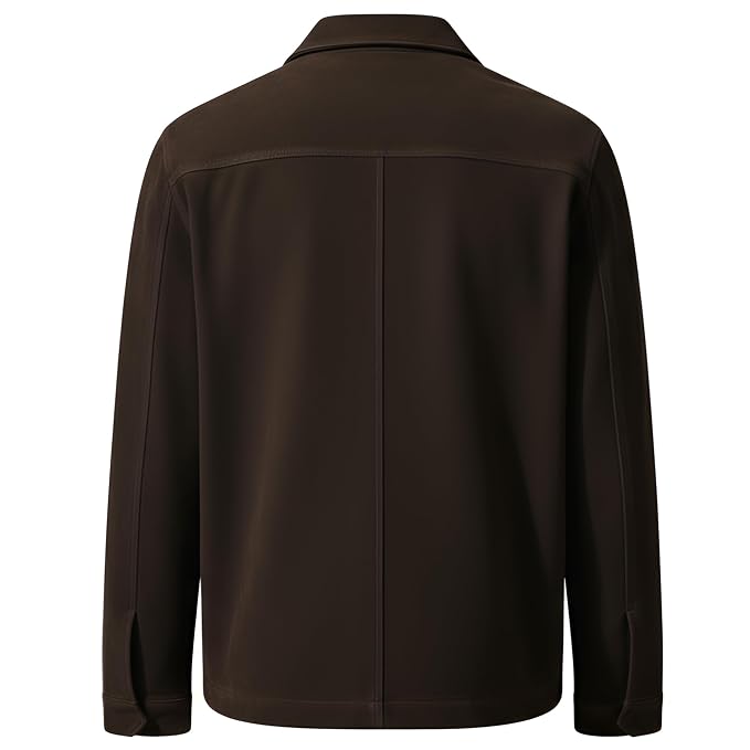 Black view of the dark brown Legacy Hide Pure Suede Leather Jacket featuring a shirt collar, concealed placket, and chest pockets.